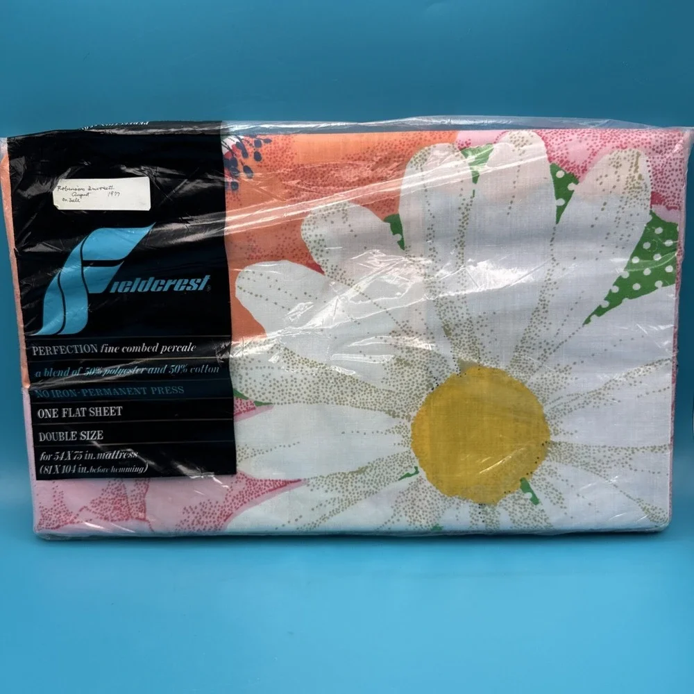 Vtg 70s Fieldcrest FULL Size Flat Sheet Saturdays Flower Power Mod‎ Print Fabric